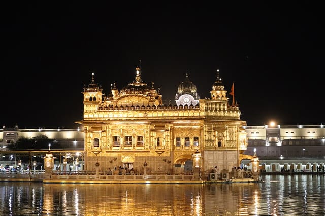 Photograph of the Golden Temple at-night, Amritsar, Punjab, India, April 2023