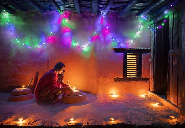 Sister lighting traditional lamp during Tihar festival (edited)