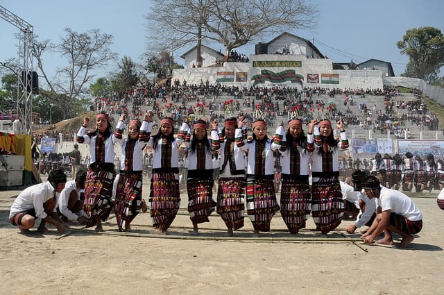 The artists performing a dance ‘Cheraw Kanpui’ during the inauguration of the Chapchar Kut -2010 festivals celebration, in Aizawl, Mizoram on March 11