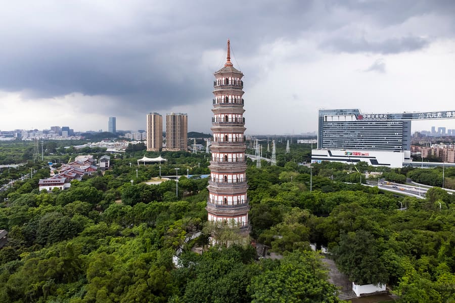 Aerial view of the Pazhou (Whampoa) Pagoda beside the Pearl River in Guangzhou